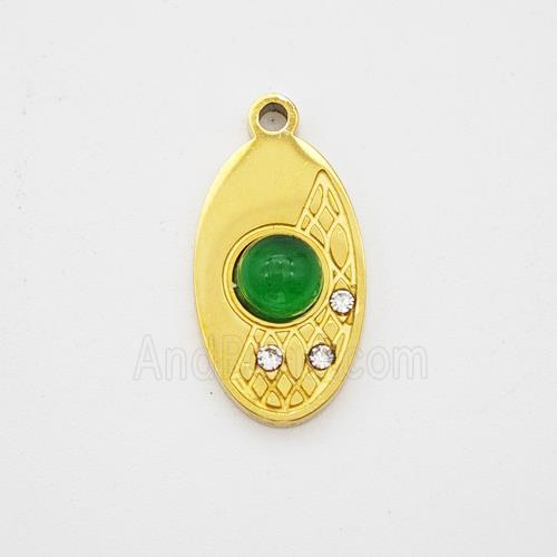 Stainless Steel Leaf Pendant Pave Green Jade Rhinestone Gold Plated