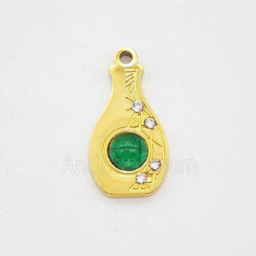 Stainless Steel Vase Pendant Pave Green Jade Rhinestone Bottle Gold Plated