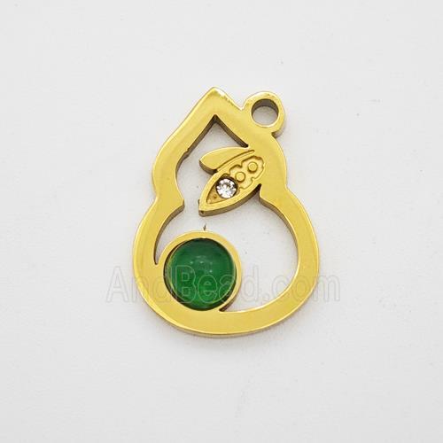 Stainless Steel Gourd Pendant Pave Green Jade Gold Plated