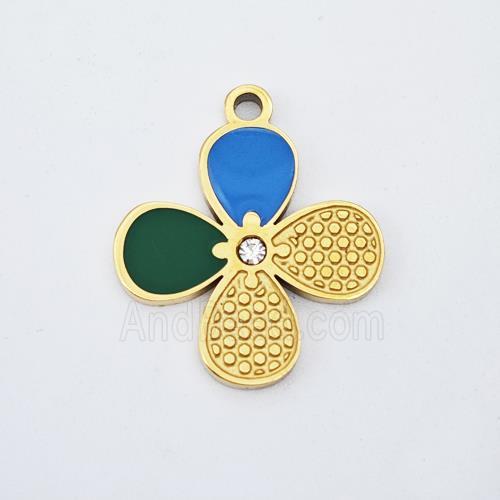 Stainless Steel Clover Pendant Pave Acrylic Rhinestone Gold Plated
