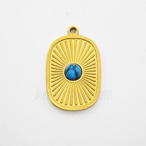 Stainless Steel Sun Pendant Pave Blue Howlite Rectangle Gold Plated