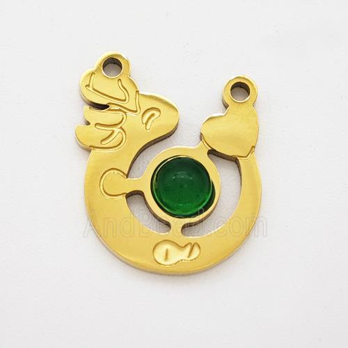 Stainless Steel Loong Pendant Pave Green Jade Heart 2loops Gold Plated