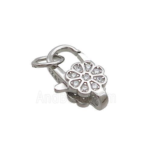 Sterling Silver Lobster Clasp Pave Zircon Flower Platinum Plated
