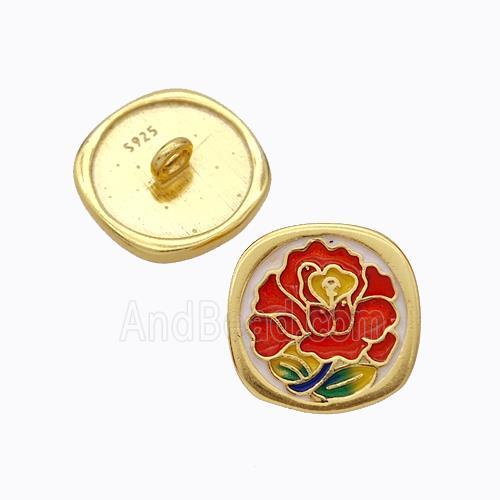 925 Sterling Silver Button Beads Flower Enamel Gold Plated