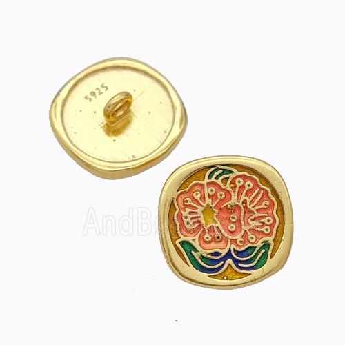925 Sterling Silver Button Beads Flower Enamel Gold Plated