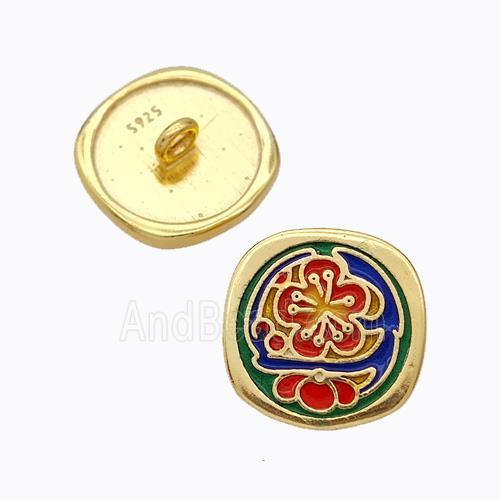925 Sterling Silver Button Beads Flower Enamel Gold Plated