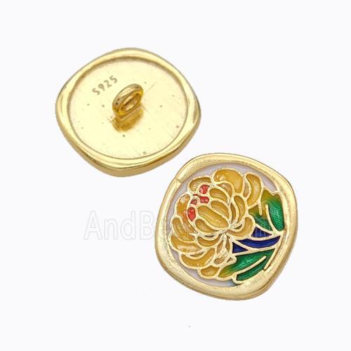 925 Sterling Silver Button Beads Flower Enamel Gold Plated