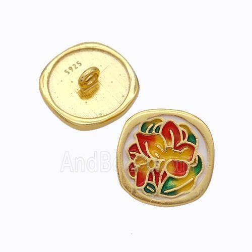 925 Sterling Silver Button Beads Flower Enamel Gold Plated