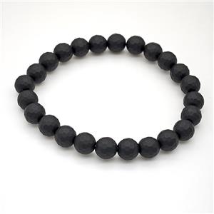 Natural Black Onyx Agate Bracelet Matte Faceted Round Stretchy, approx 8mm