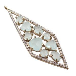 copper polygon pendant paved zircon with green crystal glass, hollow, gold plated, approx 19-54mm