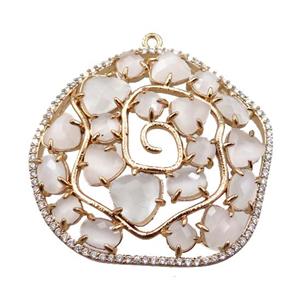 copper flower pendant paved zircon with white crystal glass, hollow, gold plated, approx 40mm