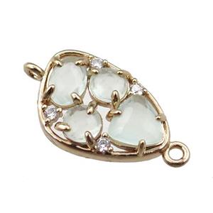 copper teardrop connector paved zircon with lt.green crystal glass, hollow, gold plated, approx 12-18mm