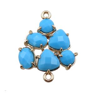copper triangle connector with blue crystal glass, hollow, gold plated, approx 16-17mm