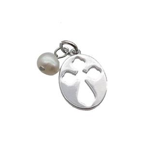Copper Cross Pendant With Pearl Platinum Plated, approx 12-15mm, 6mm