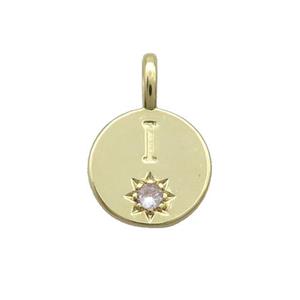 Copper Circle Pendant Pave Zircon I-letter Gold Plated, approx 11.5mm
