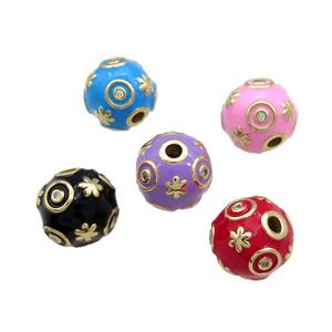 Copper Round Beads Pave Zircon Enamel 18K Gold Plated Mixed Color, approx 14mm