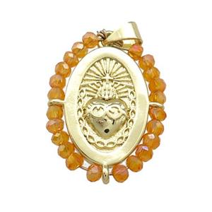 Sacred Heart Charms Copper Oval Pendant With Crystal Glass Wire Wrapped Gold Plated, approx 20-25mm