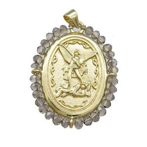 Fairy Charms Copper Oval Pendant With Smoky Crystal Glass Wire Wrapped Gold Plated, approx 27-35mm