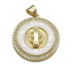 Copper Jesus Pendant Pave White Fire Opal Zircon Circle 18K Gold Plated, approx 22mm