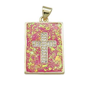 Copper Rectangle Pendant Pave Red Fire Opal Zircon Cross 18K Gold Plated, approx 16-21mm