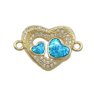 Copper Heart Connector Pave Blue Fire Opal Zircon 18K Gold Plated, approx 18mm