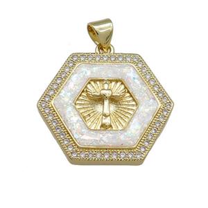 Copper Hexagon Pendant Pave White Fire Opal Zircon Cross Prayer 18K Gold Plated, approx 20mm
