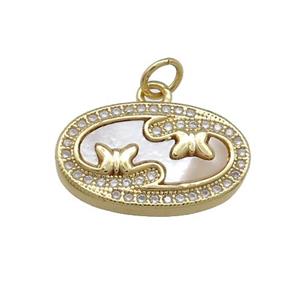 Copper Oval Pendant Pave Shell Zircon Butterfly 18K Gold Plated, approx 12-20mm