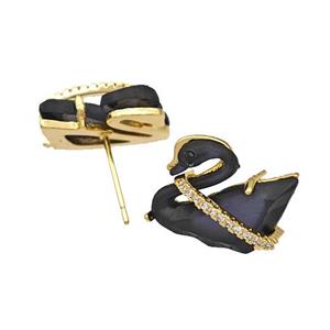 Copper Swan Stud Earrings Pave Black Acrylic Zirconia Gold Plated, approx 12-16mm