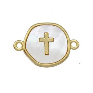 Copper Circle Connector Cross Pave Shell Gold Plated, approx 14mm