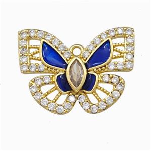 Copper Butterfly Pendant Pave Zirconia Blue Enamel Gold Plated, approx 18-25mm