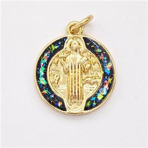 Jesus Charms Copper Pendant Pave Fire Opal 18K Gold Plated, approx 15mm