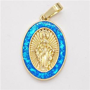 Virgin Mary Charms Copper Pendant Pave Blue Fire Opal 18K Gold Plated, approx 14-19mm