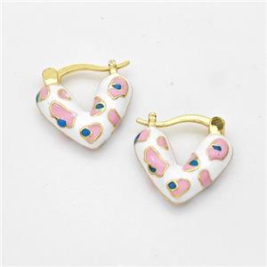 Copper Latchback Earrings Heart White Enamel Gold Plated, approx 16mm