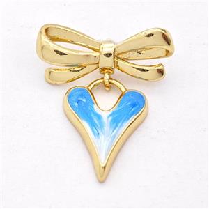Copper Bowknot Heart Pendant Blue Painted 18K Gold Plated, approx 14-19mm, 9-23mm