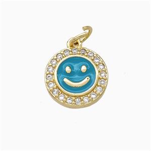 Copper Emoji Pendant Pave Zirconia Teal Enamel Smile Face Gold Plated, approx 11.5mm