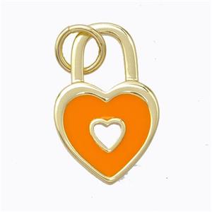 Copper Heart Lock Pendant Orange Enamel Gold Plated, approx 12-19mm