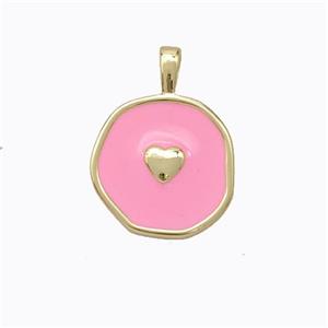 Copper Heart Pendant Pink Enamel Circle Gold Plated, approx 13.5mm