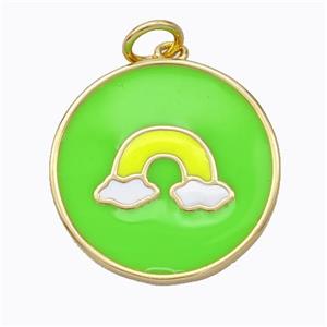 Copper Rainbow Pendant Green Enamel Circle Gold Plated, approx 21mm