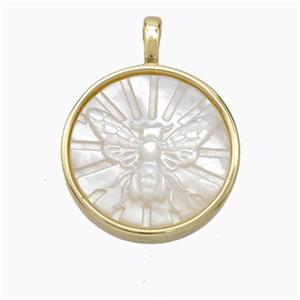 Copper Circle Pendant Pave Shell Butterfly Gold Plated, approx 17mm
