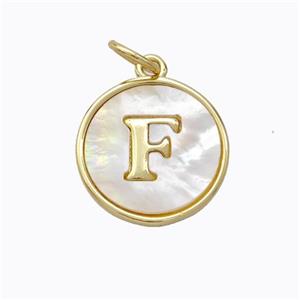Copper Letter-F Pendant Pave Shell Gold Plated, approx 16mm