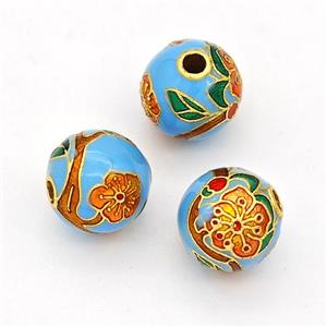 Copper Round Beads Cloisonne Multicolor Flower Gold Plated, approx 10mm