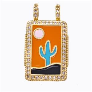 Copper Tarot Card Pendant Pave Zirconia Moon Cactus Orange Enamel 2loops Gold Plated, approx 16-30mm