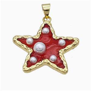 Copper Star Pendant Pave Pearlized Resin Red Gold Plated, approx 26mm