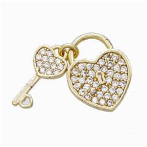 Copper Heart Lock And Key Pendant Micropave Zirconia Gold Plated, approx 6-13mm, 11-14mm
