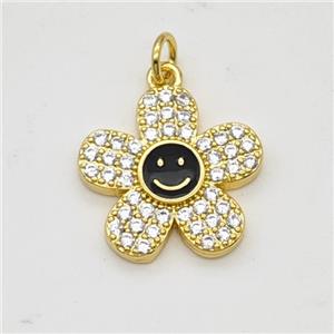 Copper Sunflower Pendant Pave Zirconia Black Enamel Smileface Gold Plated, approx 17mm