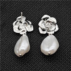 Copper Flower Stud Earrings With Pearlized Resin Platinum Plated, approx 13-18mm, 14mm