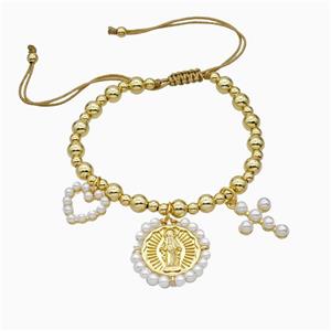 Copper Bracelet With Jesus Cross Heart Pave Pearlized Resin Adjustable Gold Plated, approx 15mm, 25mm, 15-20mm, 6mm
