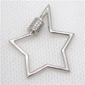 copper carabiner lock pendant pave zircon, star, platinum plated, approx 32-37mm