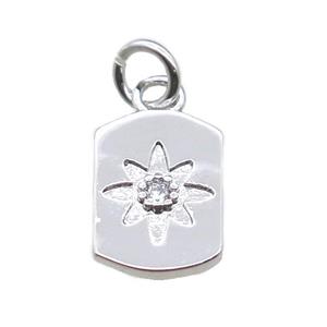 copper rectangle pendant paved zircon with flower, platinum plated, approx 8-11mm