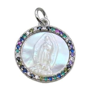 copper circle pendant pave zircon with shell virgin mary, platinum plated, approx 15mm dia